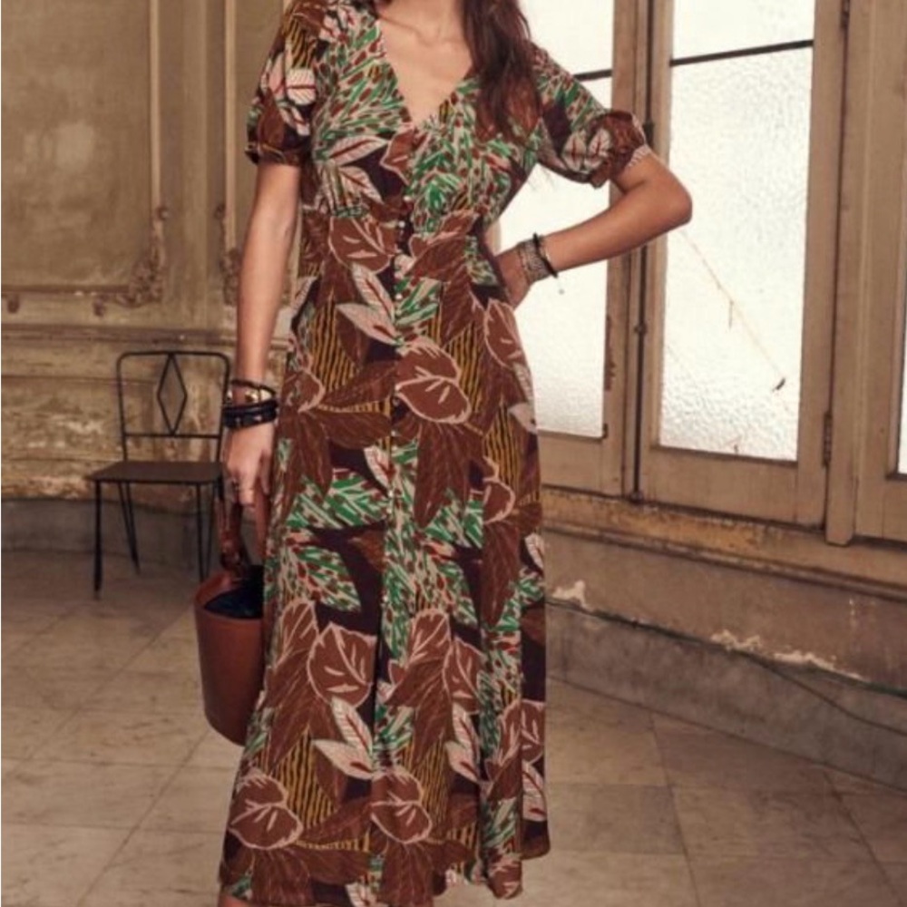 Sezane Multicolor Leaf Print Midi Dress - Picture 2 of 6